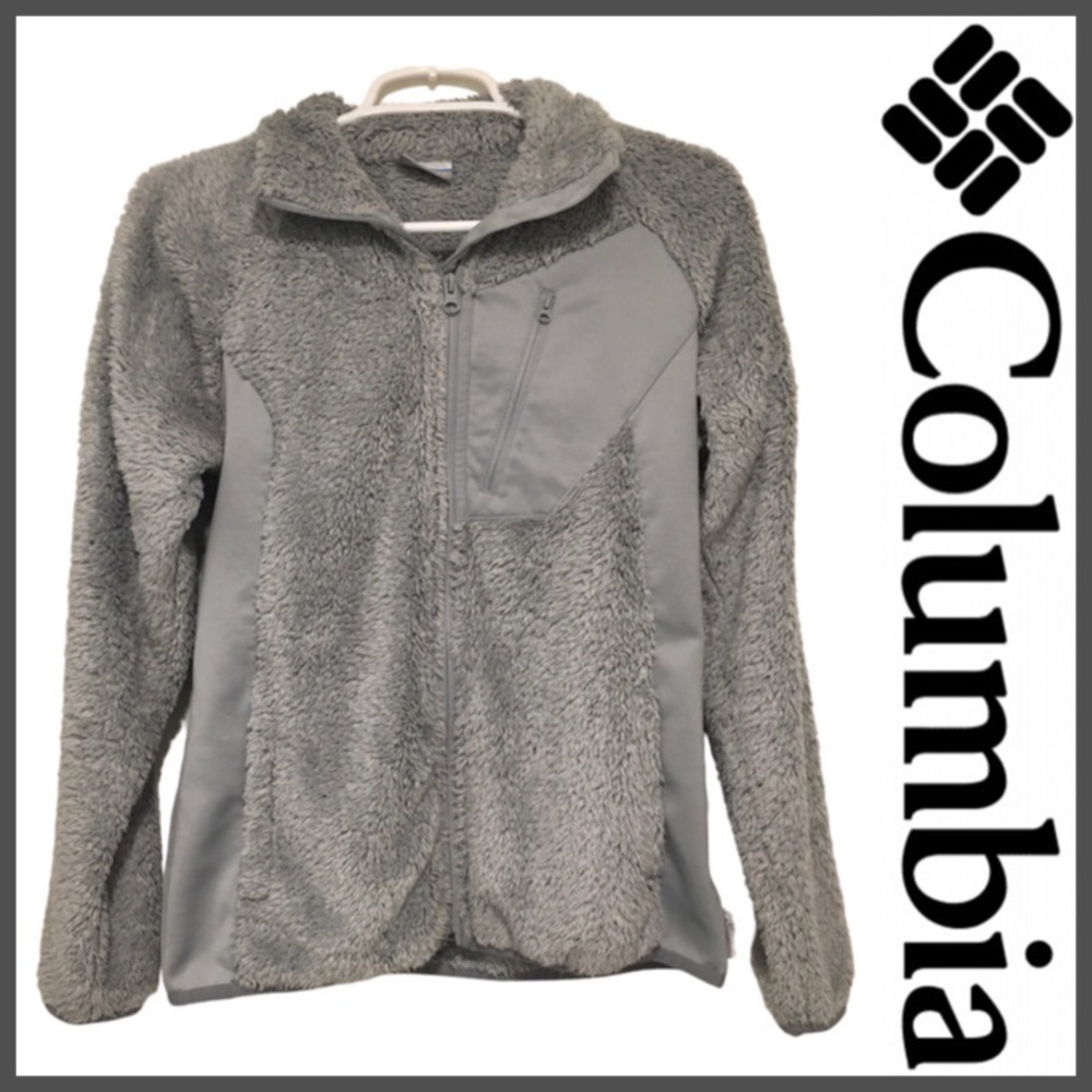 COLUMBIA Fuzzy Long Fleece / Fur Jacket: Full Zip, Cozy & Warm, Gray, Small